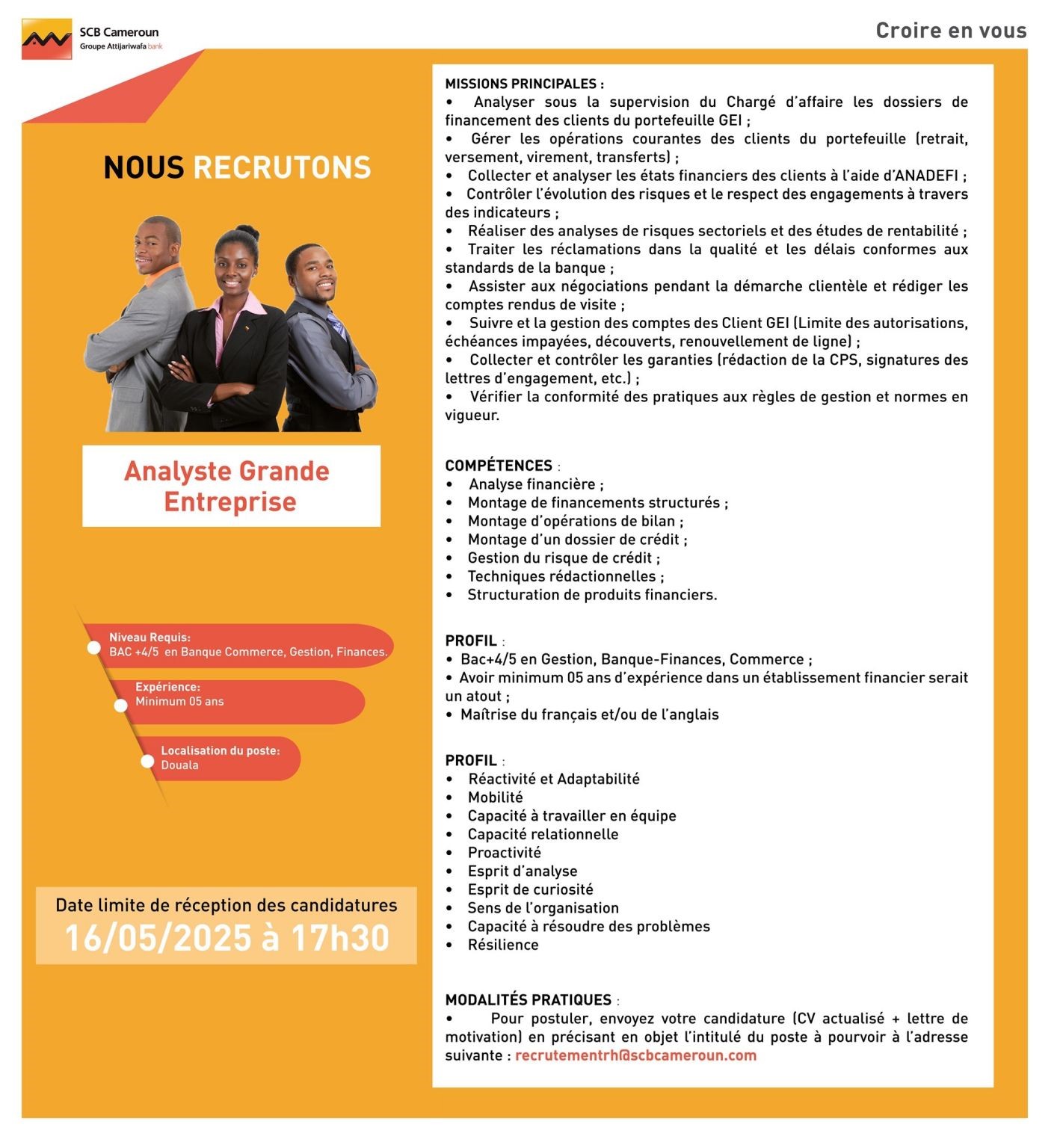 Nous recrutons un Analyste Grande Entreprise :: Date de limite de réception des candidatures 16/05/2025 à 17h30